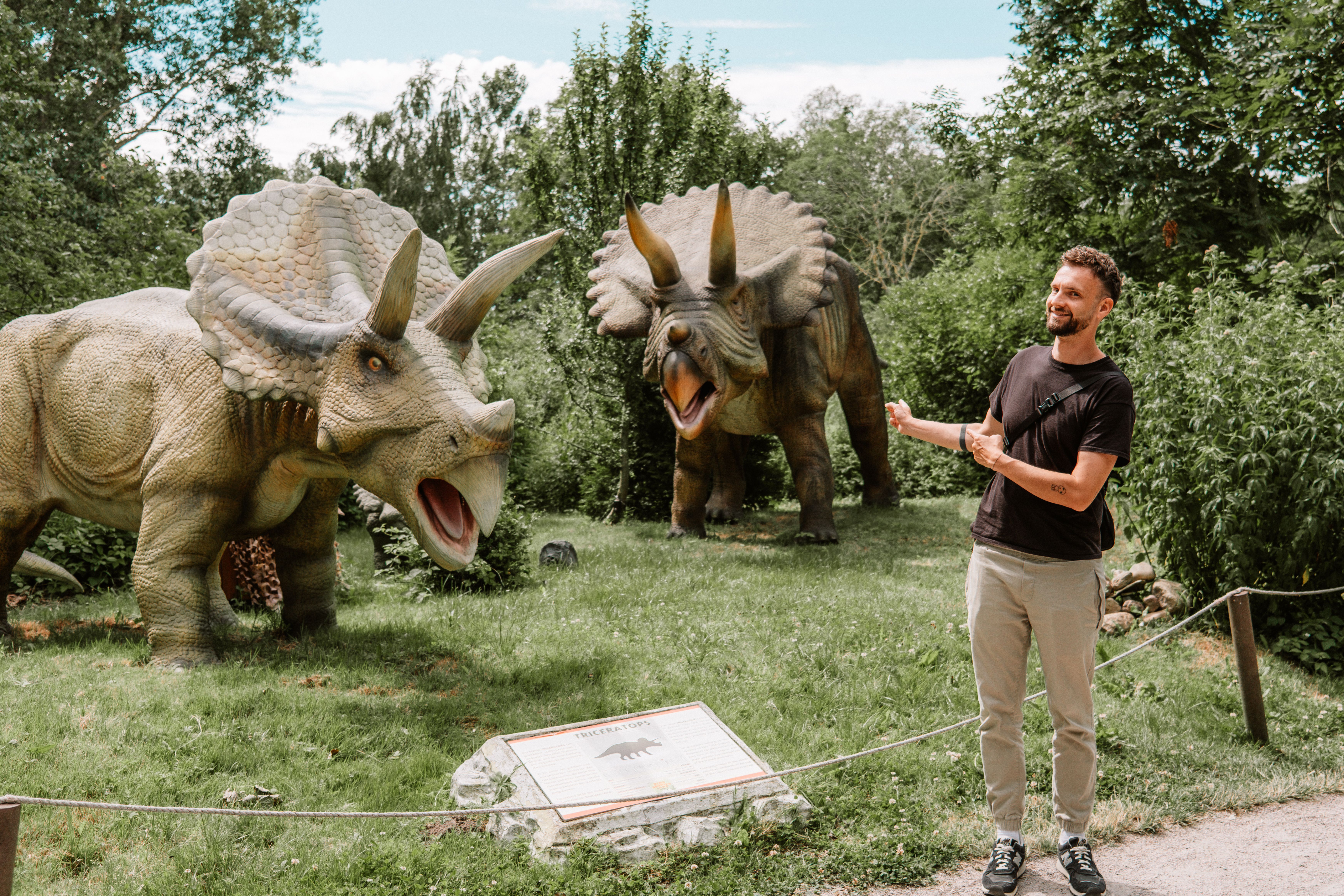 Mann steht lächelnd vor zwei Dinosaurier-Figuren in einem Park